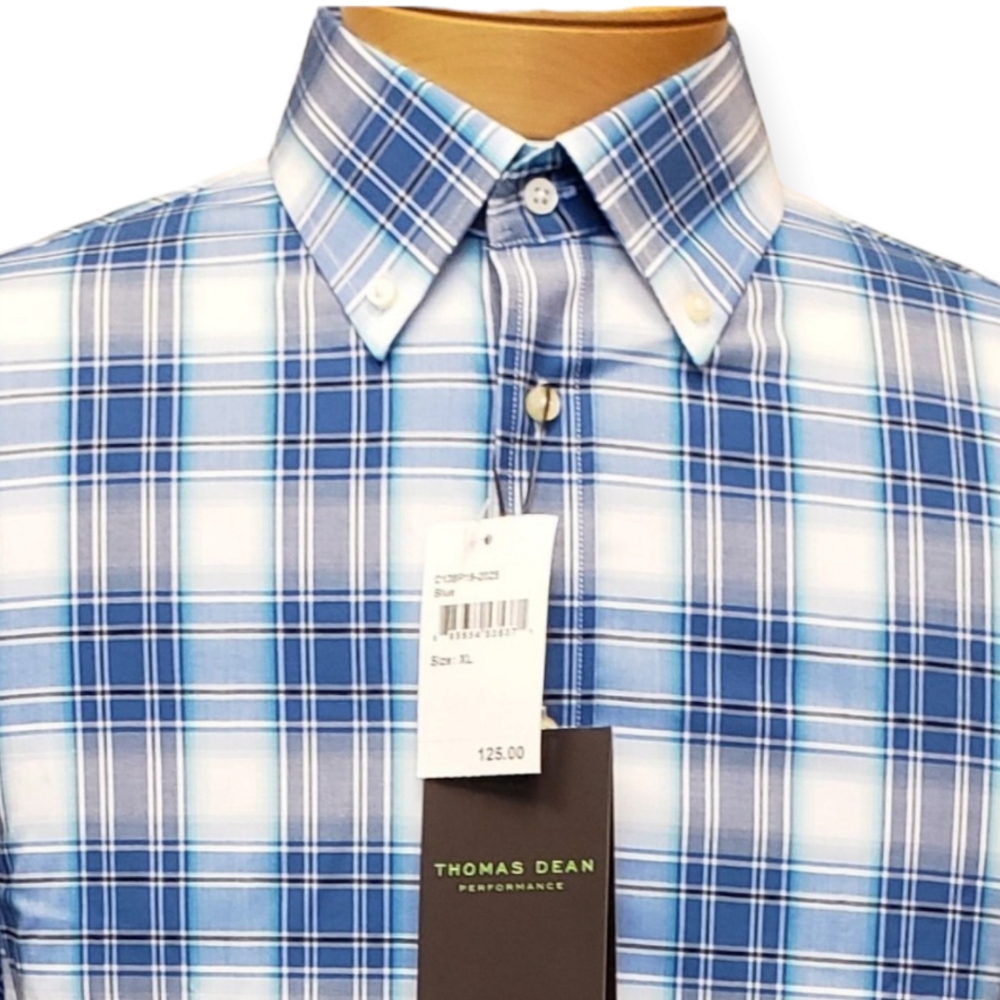 THOMAS DEAN XL BLUE PLAID POPLIN LONG L/S SHIRT